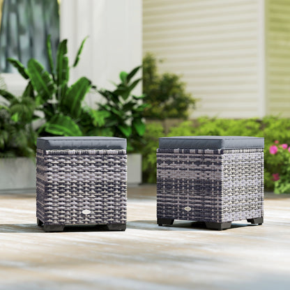 Set of 2 Rattan Footstool, Storage Ottoman w/ Cushions, Dark Grey
