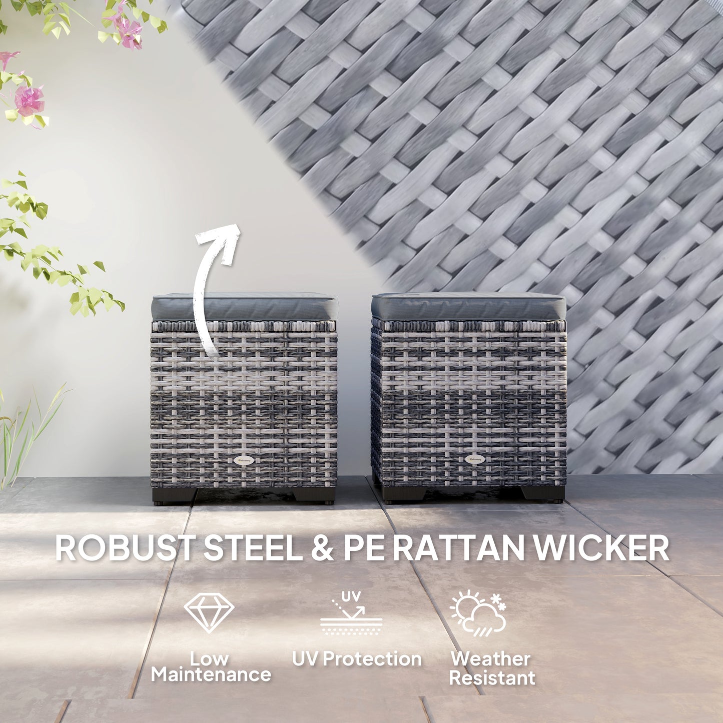 Set of 2 Rattan Footstool, Storage Ottoman w/ Cushions, Dark Grey