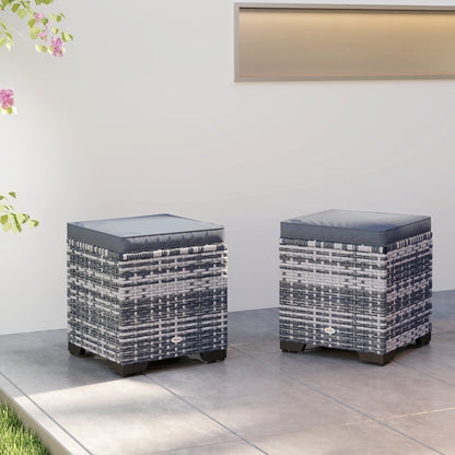Set of 2 Rattan Footstool, Storage Ottoman w/ Cushions, Dark Grey