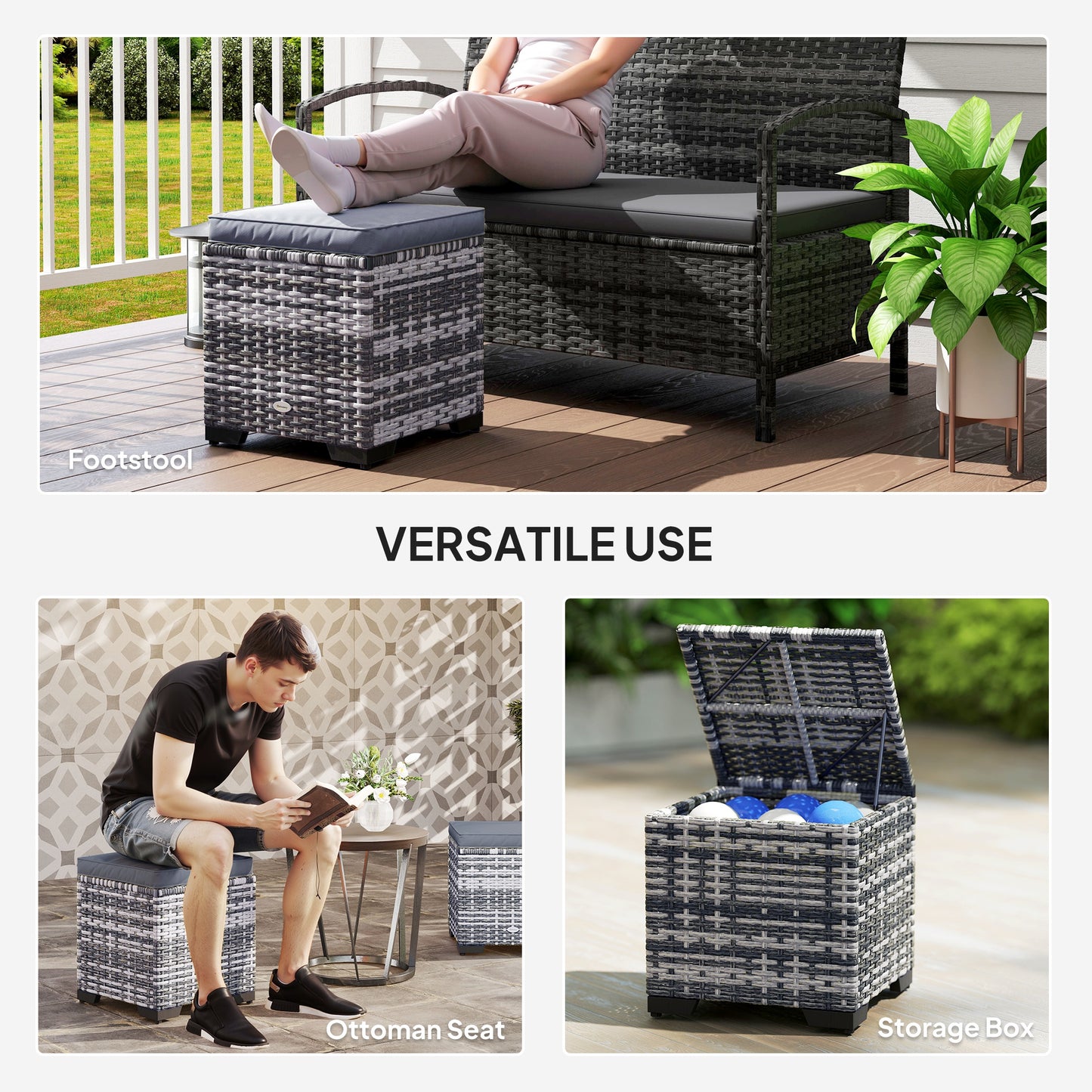 Set of 2 Rattan Footstool, Storage Ottoman w/ Cushions, Dark Grey