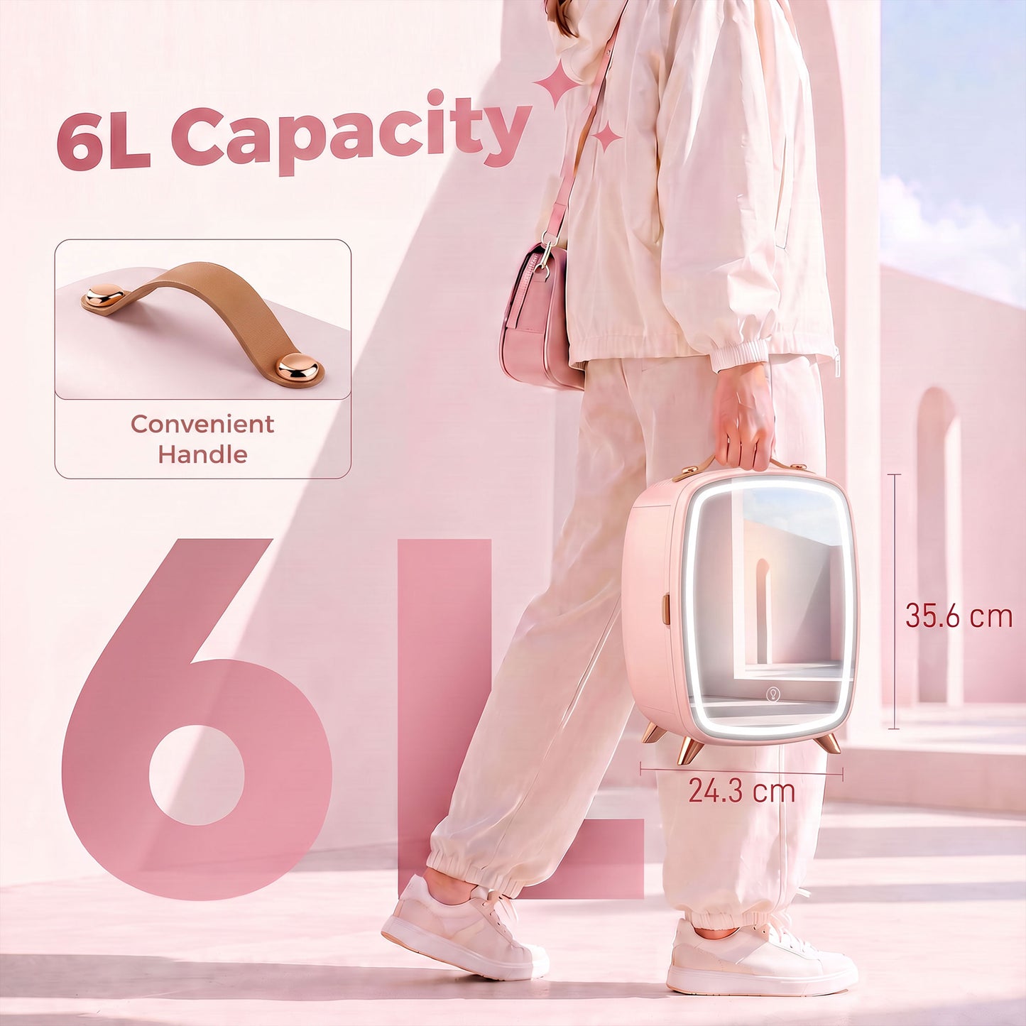Skincare Refrigerator with LED Mirror, Cooling Function, Pink