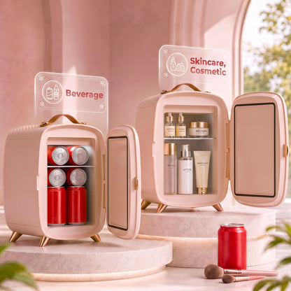 Skincare Refrigerator with LED Mirror, Cooling Function, Pink