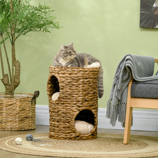 47cm Cat Barrel Tree for Indoor Cats with 2 Cat Houses, Kitten Tower with Cushion - Brown