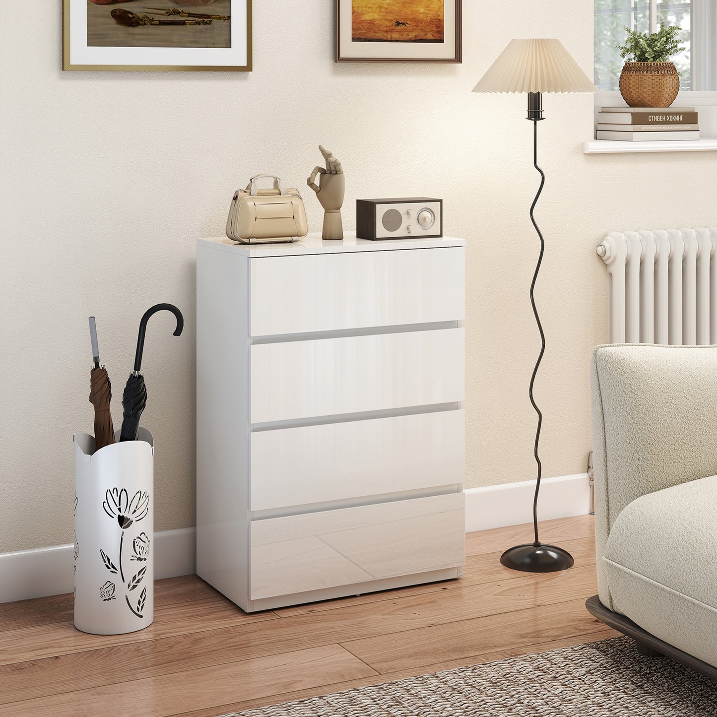 Bedroom Chest of Drawers, High Gloss 4 Drawers Dresser, White