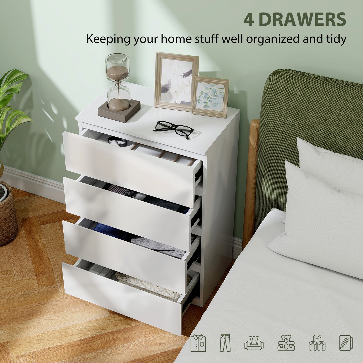 Bedroom Chest of Drawers, High Gloss 4 Drawers Dresser, White