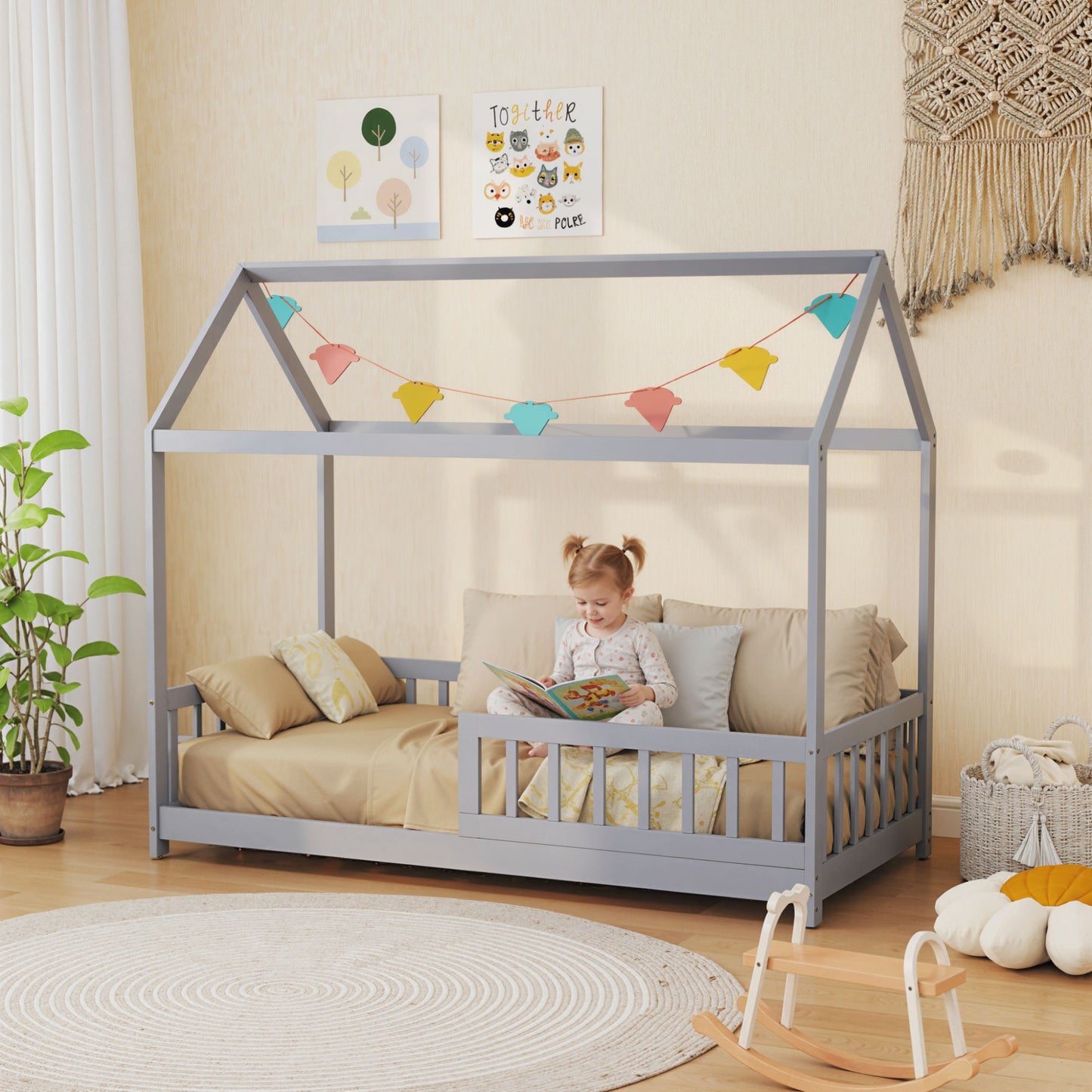 House-Shaped Kids Bed Frame with Guard Rails for Boys Girls, Grey