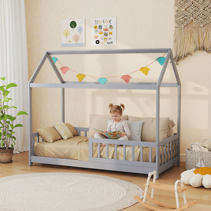 House-Shaped Kids Bed Frame with Guard Rails for Boys Girls, Grey