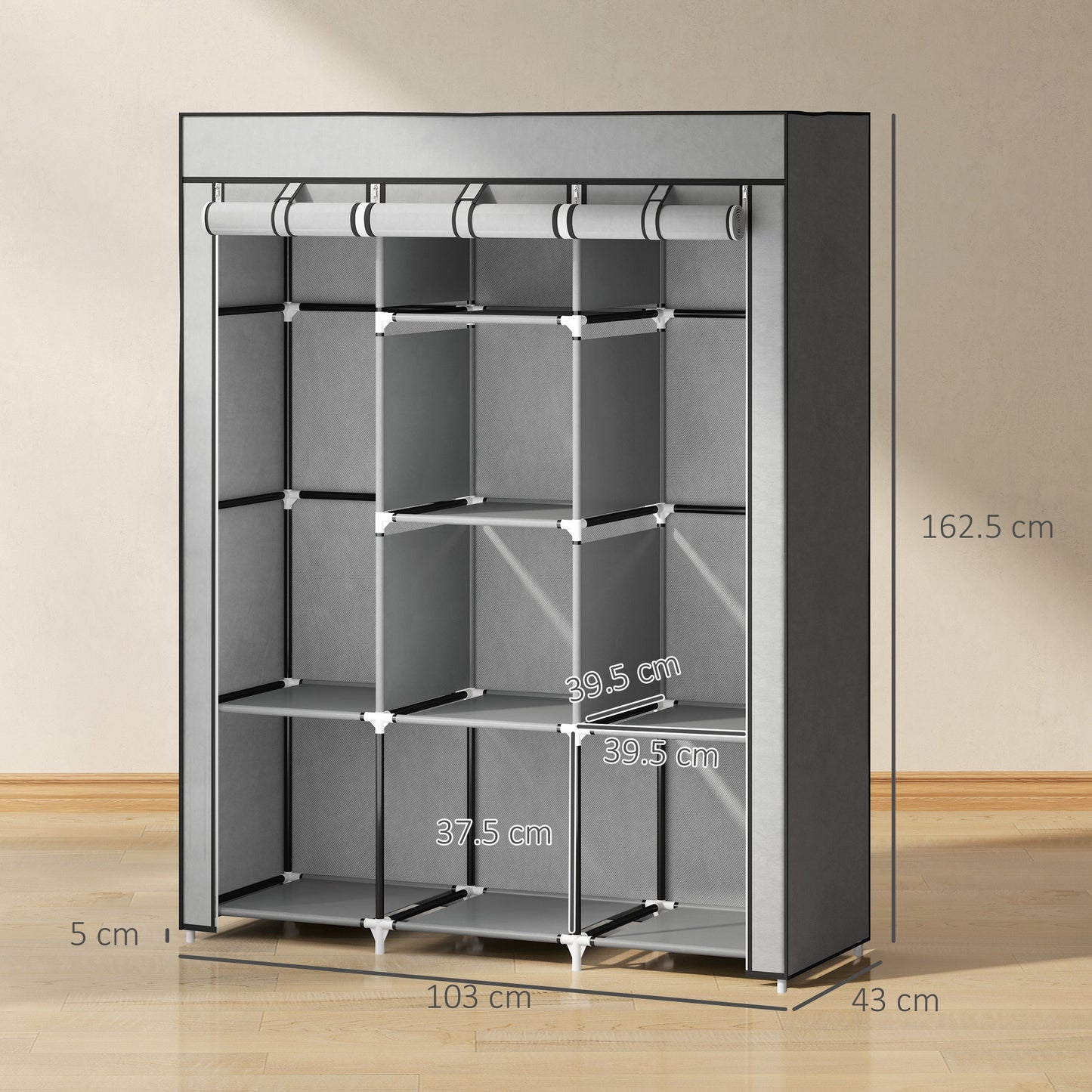 Fabric Portable Wardrobe with 8 Shelves 2 Hanging Rails, Light Grey