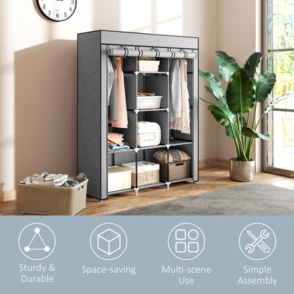 Fabric Portable Wardrobe with 8 Shelves 2 Hanging Rails, Light Grey