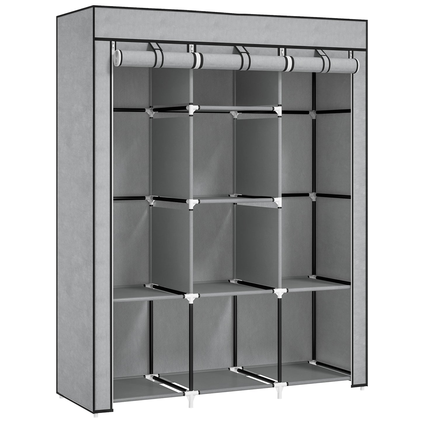 Fabric Portable Wardrobe with 8 Shelves 2 Hanging Rails, Light Grey