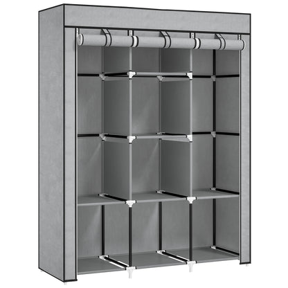 Fabric Portable Wardrobe with 8 Shelves 2 Hanging Rails, Light Grey