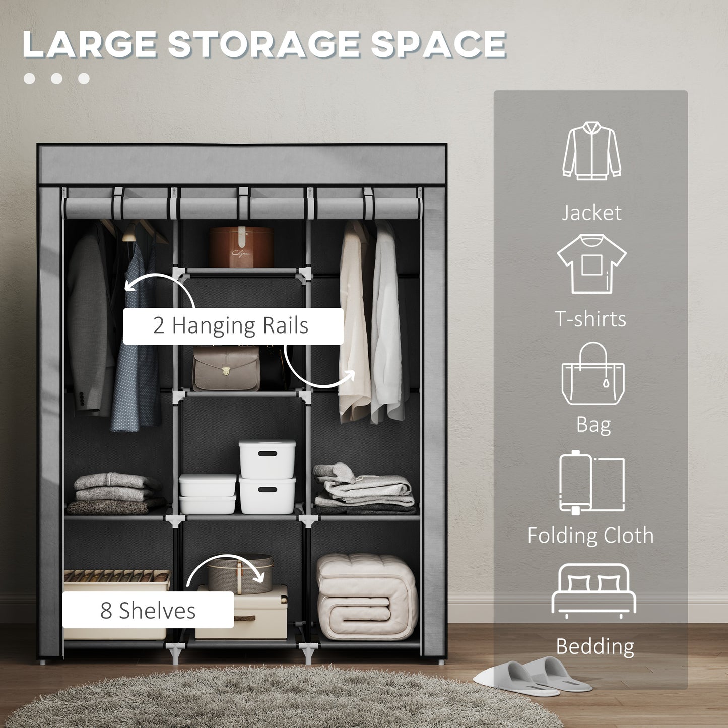 Fabric Portable Wardrobe with 8 Shelves 2 Hanging Rails, Light Grey