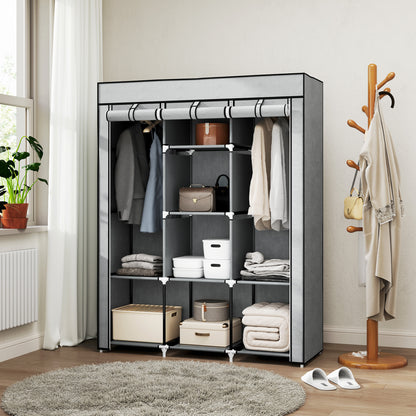 Fabric Portable Wardrobe with 8 Shelves 2 Hanging Rails, Light Grey