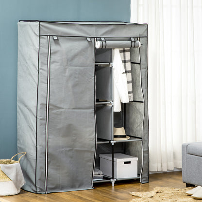Fabric Portable Wardrobe with 8 Shelves 2 Hanging Rails, Light Grey