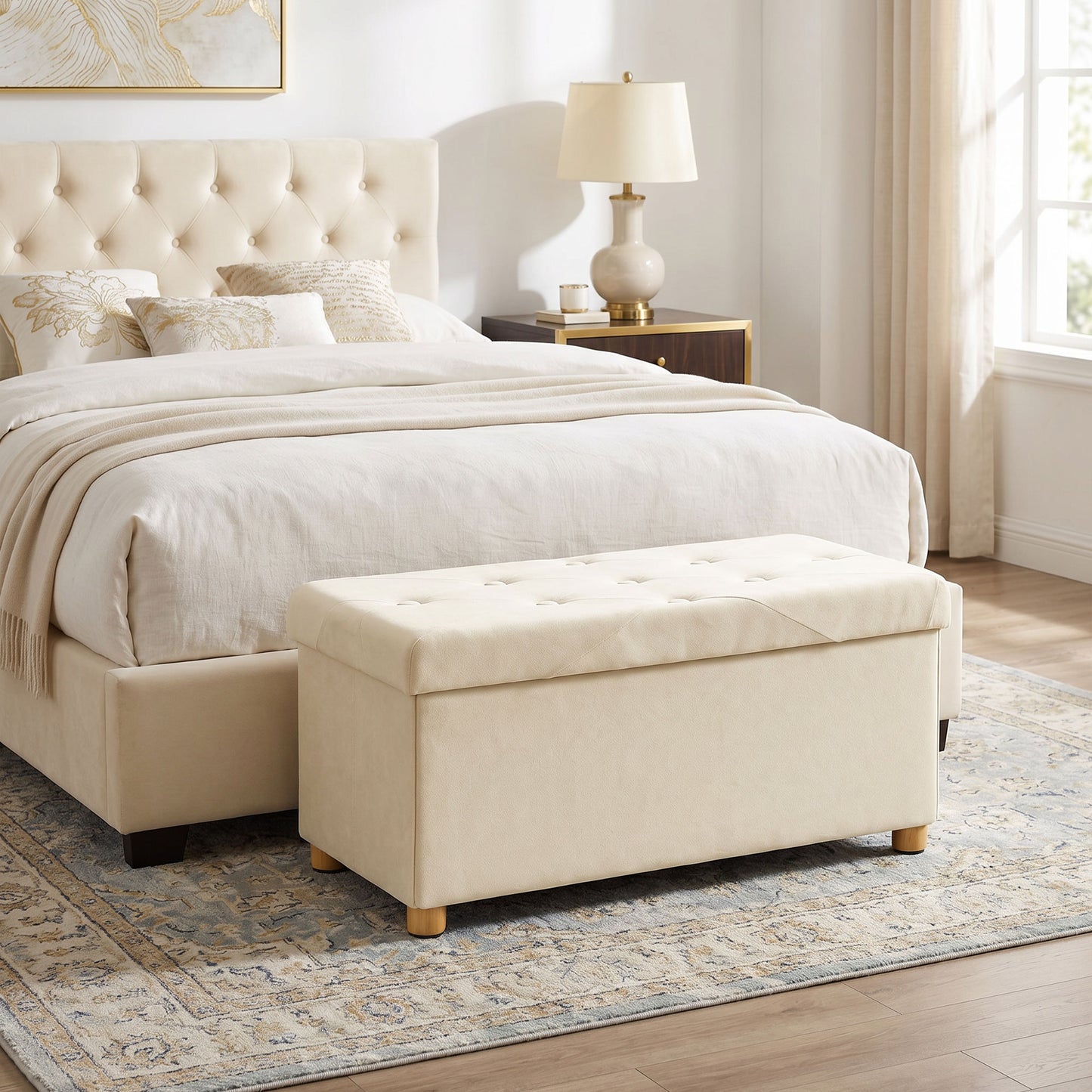 Velvet Upholstered Foldable Ottoman Footrest with Wood Legs, Cream