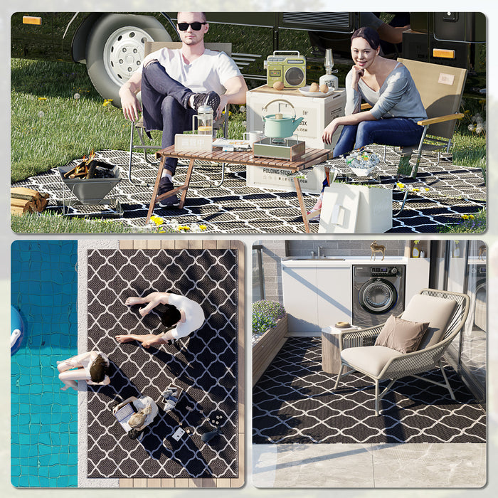 Reversible Outdoor Rug, Plastic Straw Mat w/ Carry Bag Ground Stakes for Garden RV Picnic Beach Camping 182x274cm Black