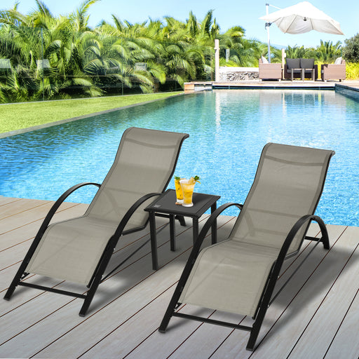 3 Pieces Lounge Chair Set Garden Outdoor Recliner Sunbathing Chair with Table, Grey