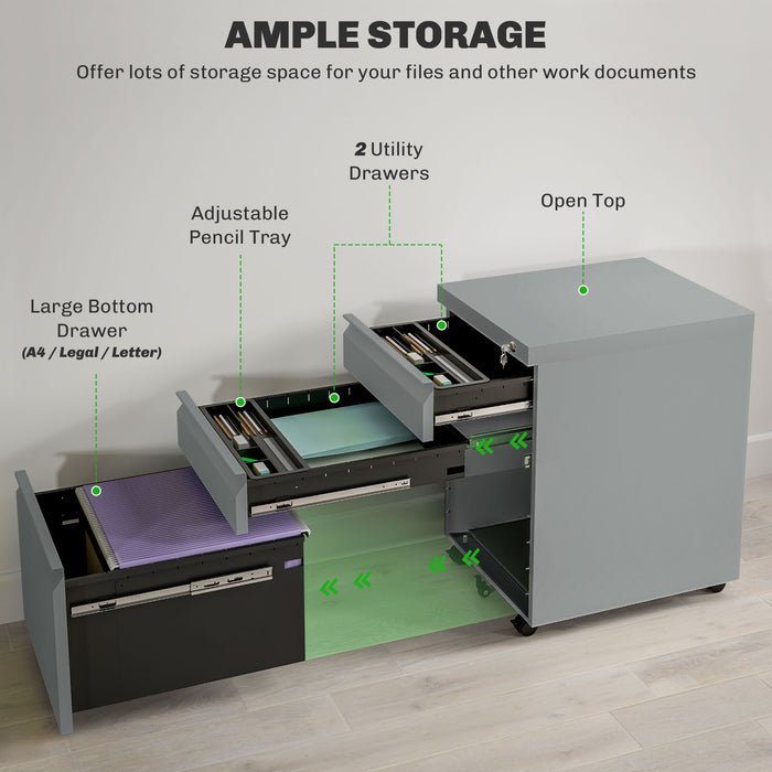 Vinsetto 3 Drawer File Cabinet, Lockable Metal Filling Cabinet, Grey