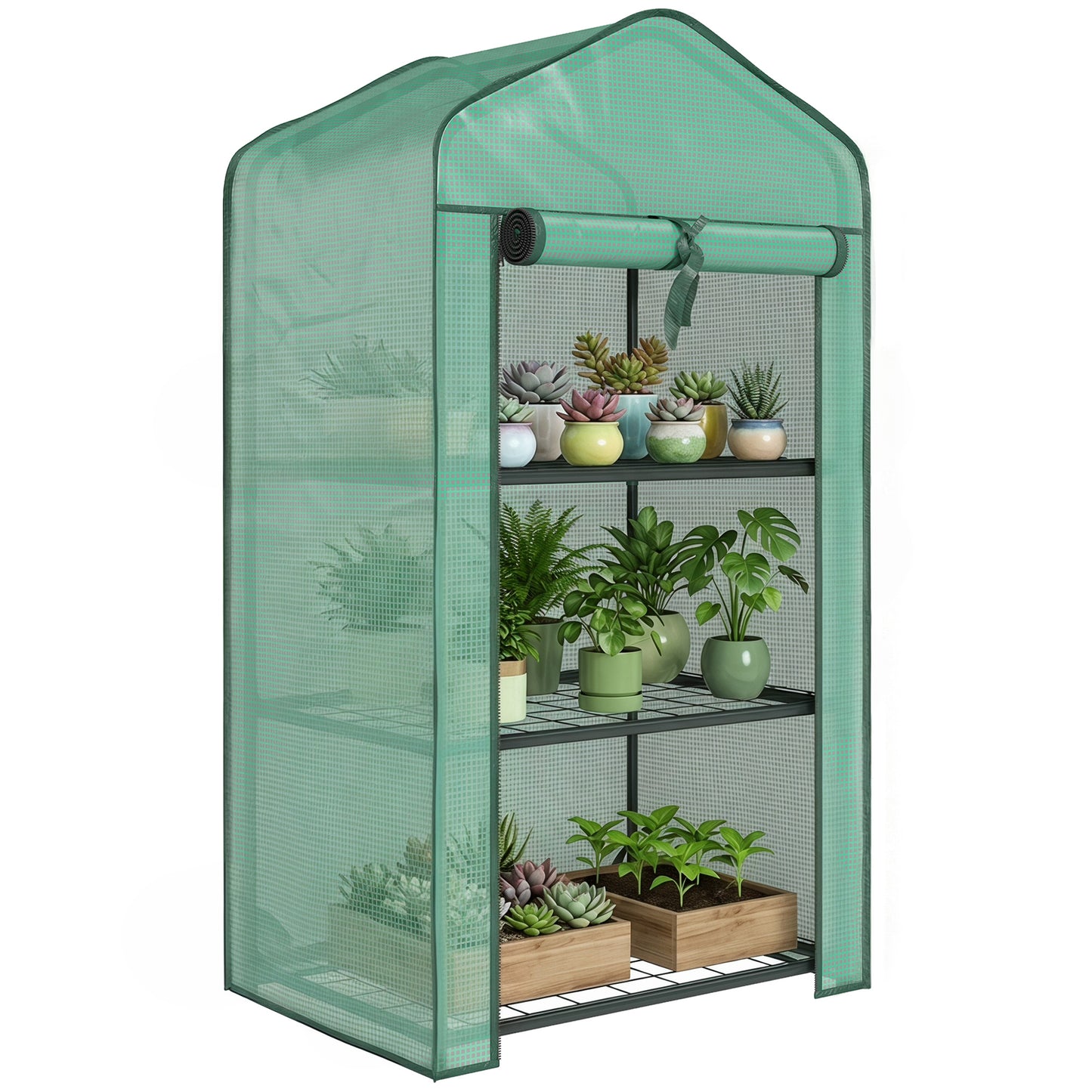Portable Mini Greenhouse with Roll-up Door and Wire Shelves, Green