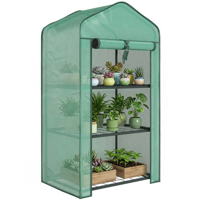 Portable Mini Greenhouse with Roll-up Door and Wire Shelves, Green