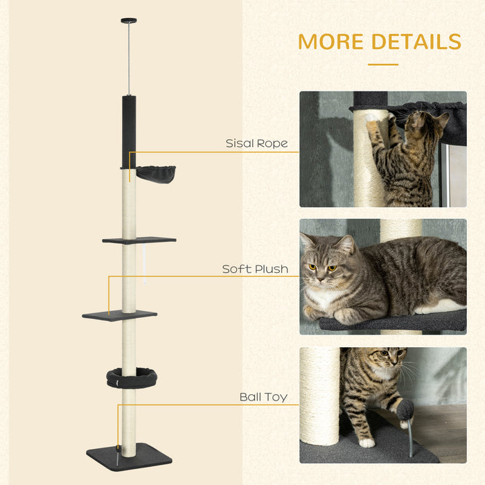 5-Tier Cat Tree, Floor To Ceiling Cat Tree, Cat Tower with Adjustable Height, Multi-level Cat Climbing Tree with Scratching Posts, Black