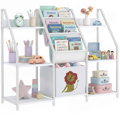 Kids Bookshelf and Toy Storage with 3-Tier Sling Book Rack, White
