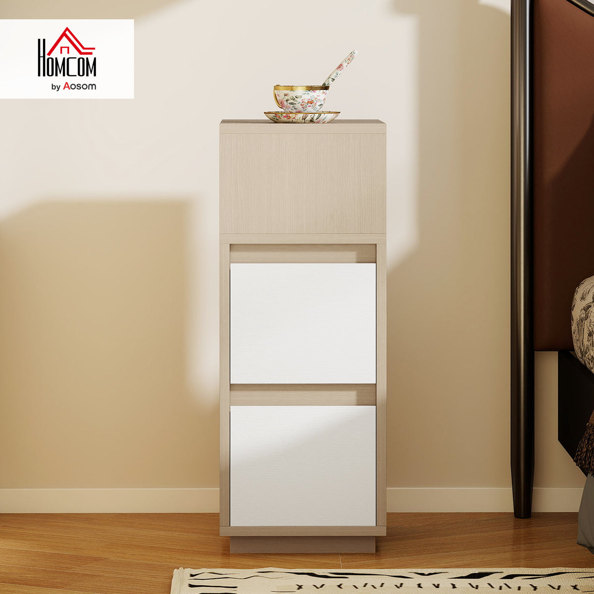 Slim Bedside Table, Bedside Cabinet with Open Shelf and 2 Drawers