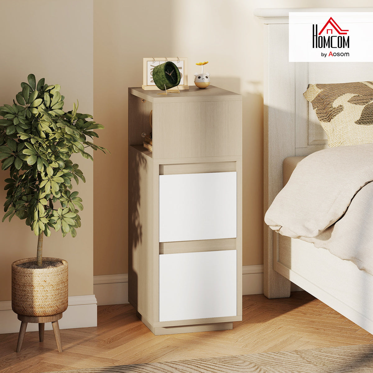 Slim Bedside Table, Bedside Cabinet with Open Shelf and 2 Drawers