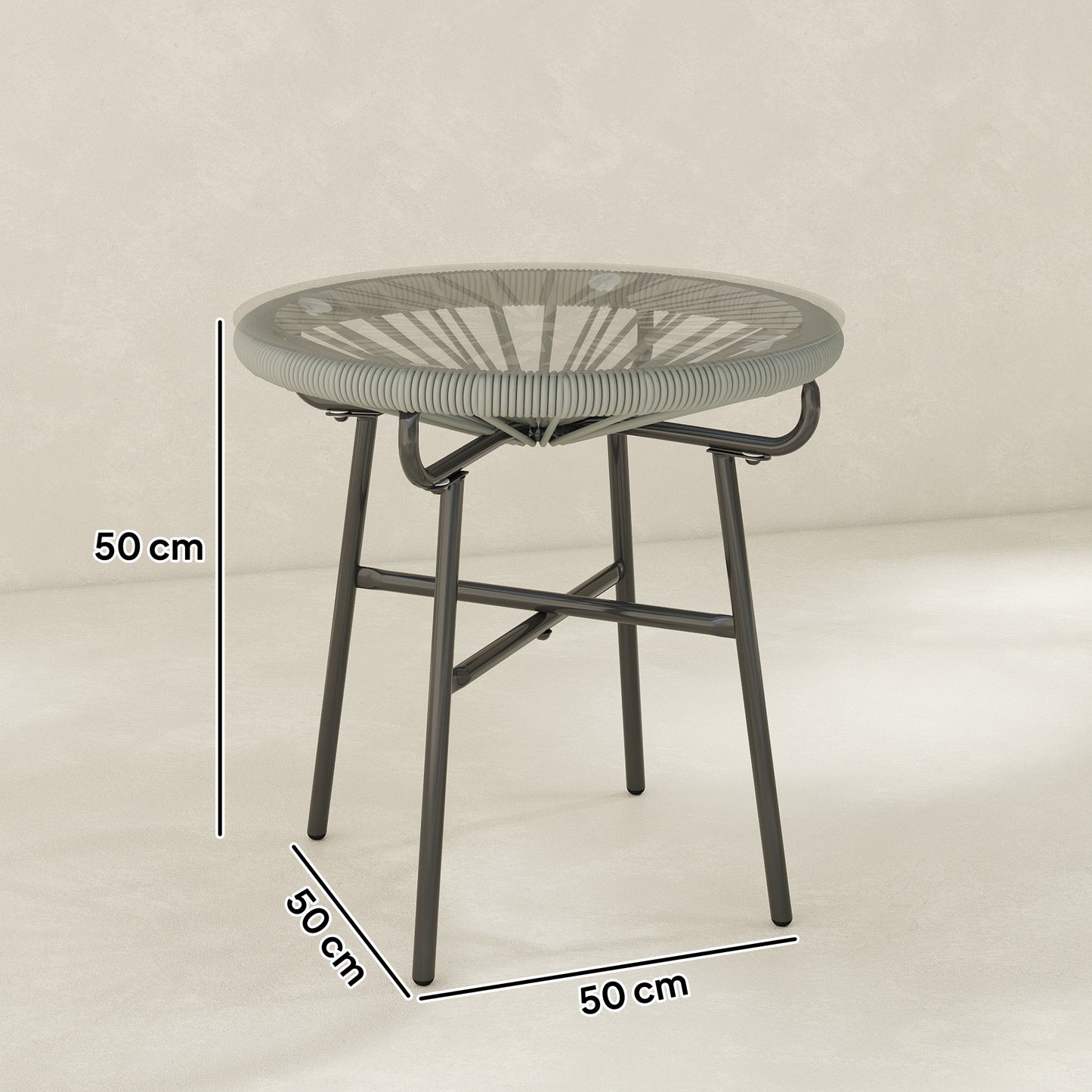 Rattan Side Table w/ Tempered Glass Tabletop, Light Grey