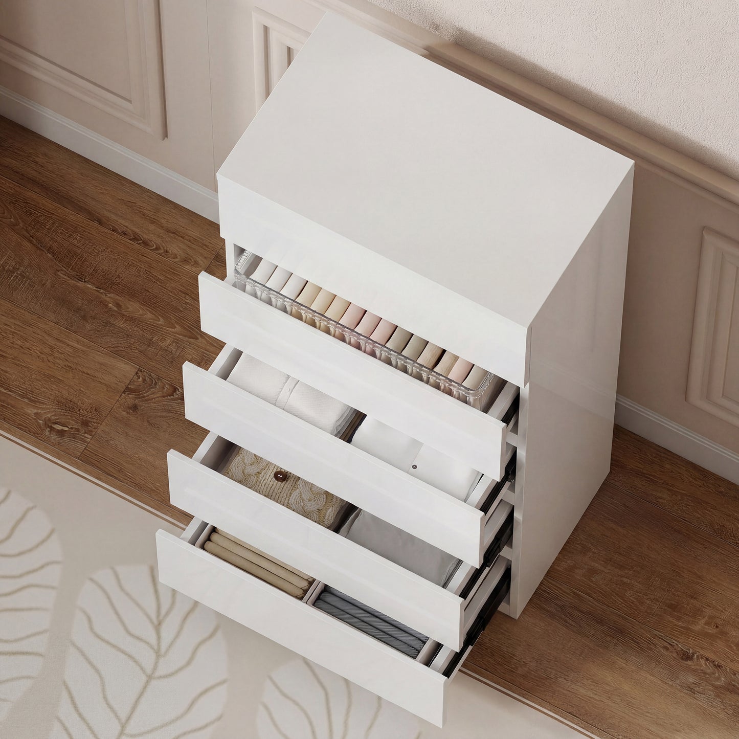 High Gloss Chest of Drawers, 5-Drawer Storage Cabinets, For Bedroom - White
