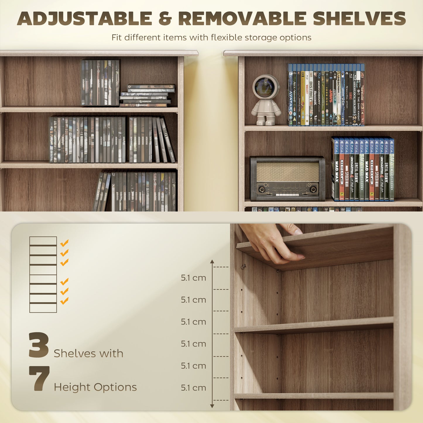 360 CD/185 DVD Storage Unit, 185 Blu-ray Media Storage Shelf with 8 Compartments and 6 Adjustable Shelves, CD Tower for Living Room, Bedroom, Office, Natural Wood Finish