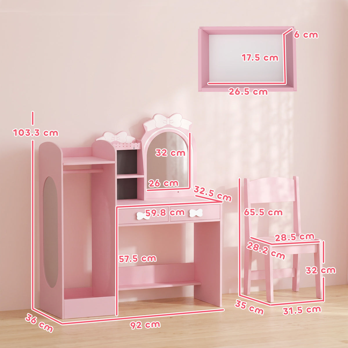 Kids Dressing Table with Stool, 2-Colour Lights Mirror, Pink