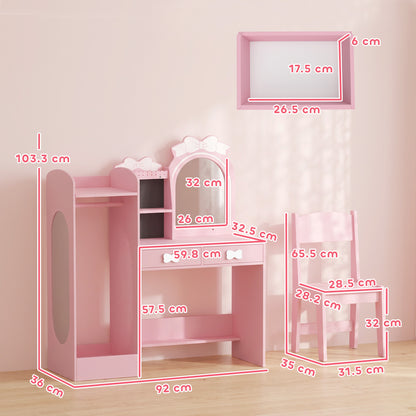 Kids Dressing Table with Stool, 2-Colour Lights Mirror, Pink