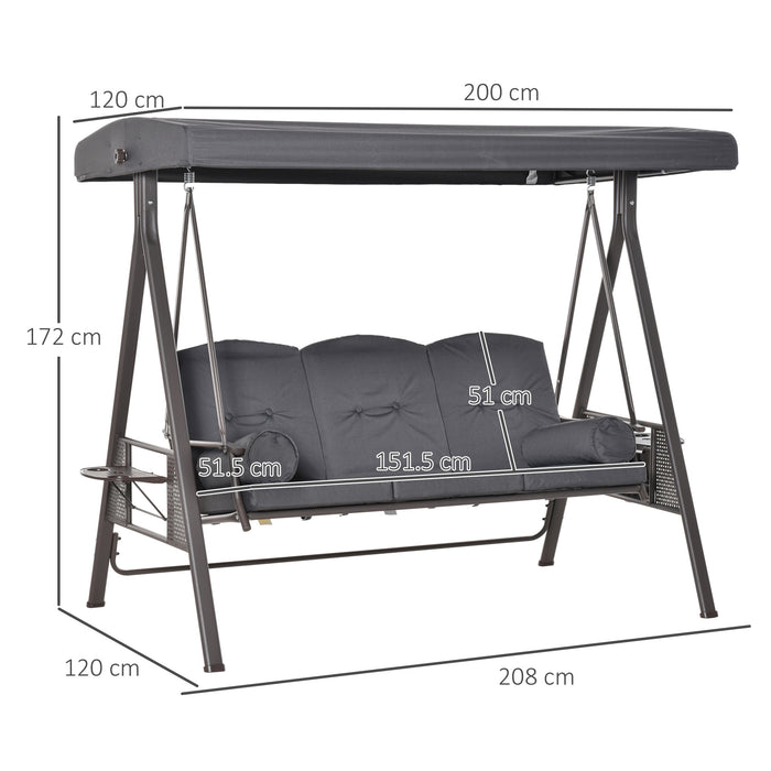 3 Seater Garden Swing Chair Outdoor Hammock Bench w/ Adjustable Canopy, Cushions and Cup Trays, Steel Frame, Grey