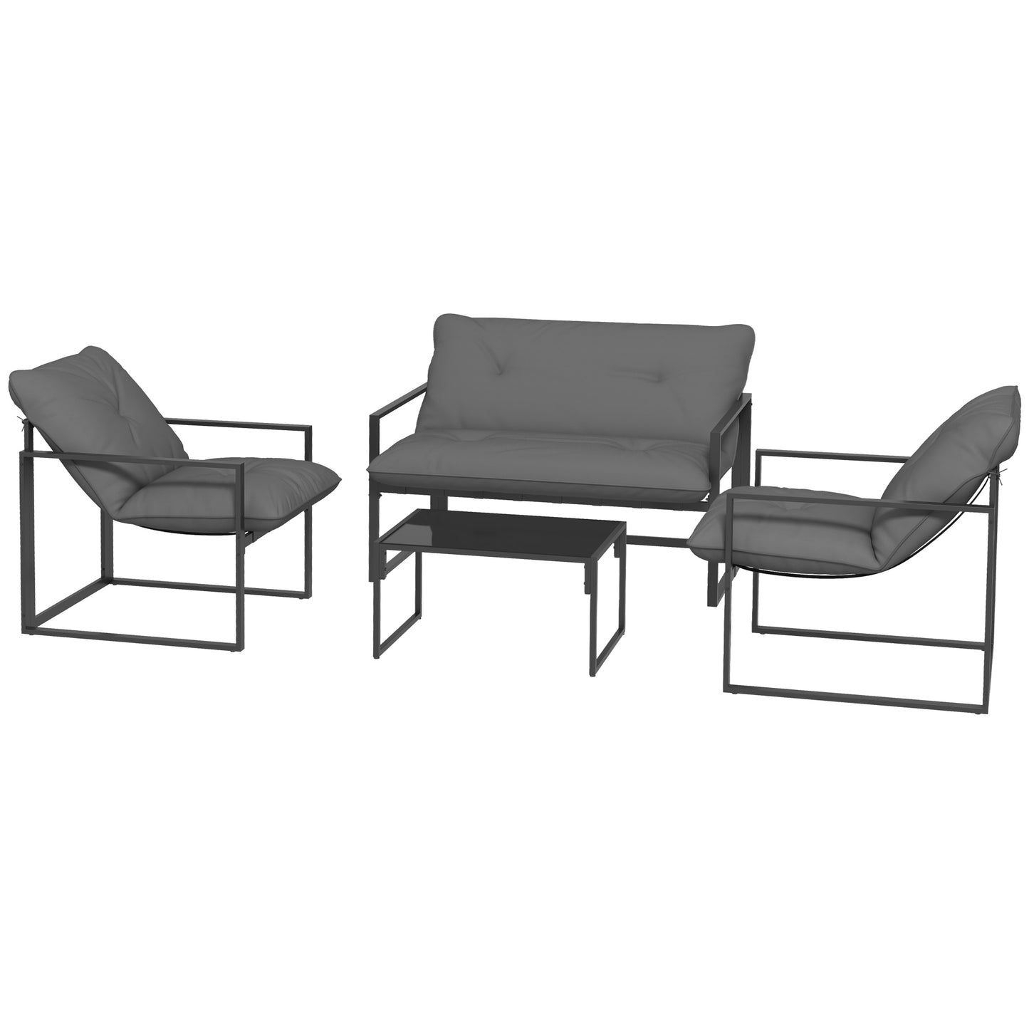 4 Piece Garden Sofa Set 2 Single Armchair, Loveseat and Coffee Table Set Steel Frame Patio Furniture with Thick Cushions, Grey