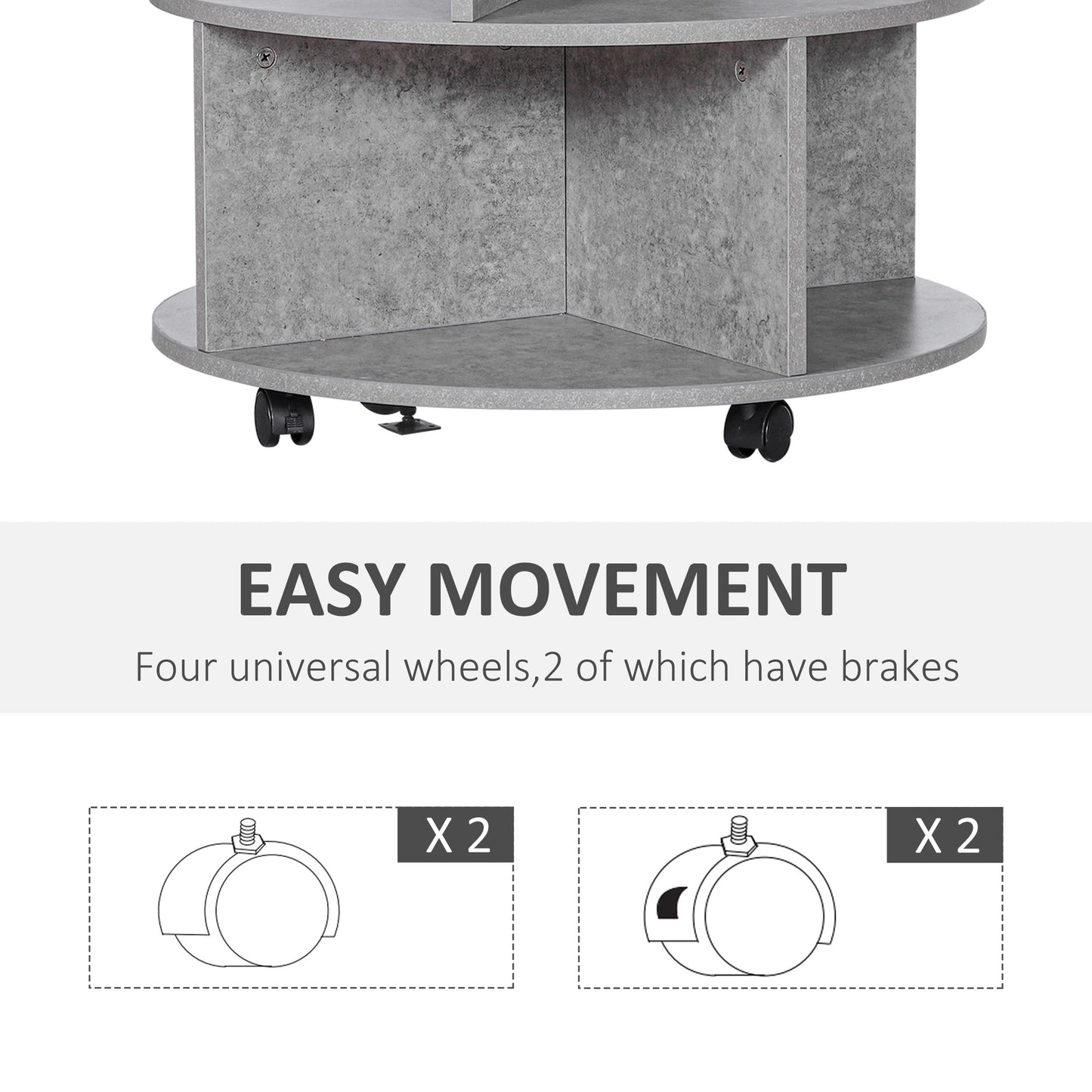 3 Tier Coffee Table Round Rolling Centre Table w/ Wheels Cement