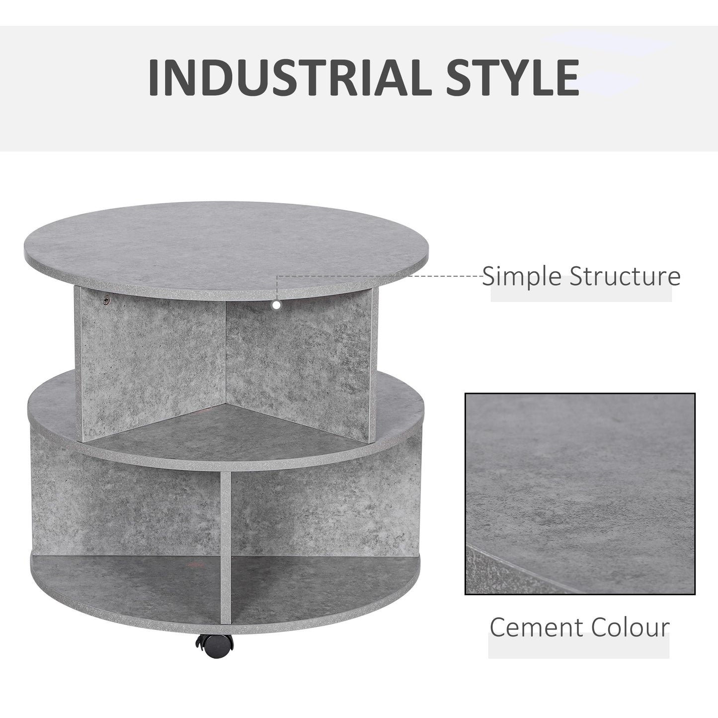 3 Tier Coffee Table Round Rolling Centre Table w/ Wheels Cement