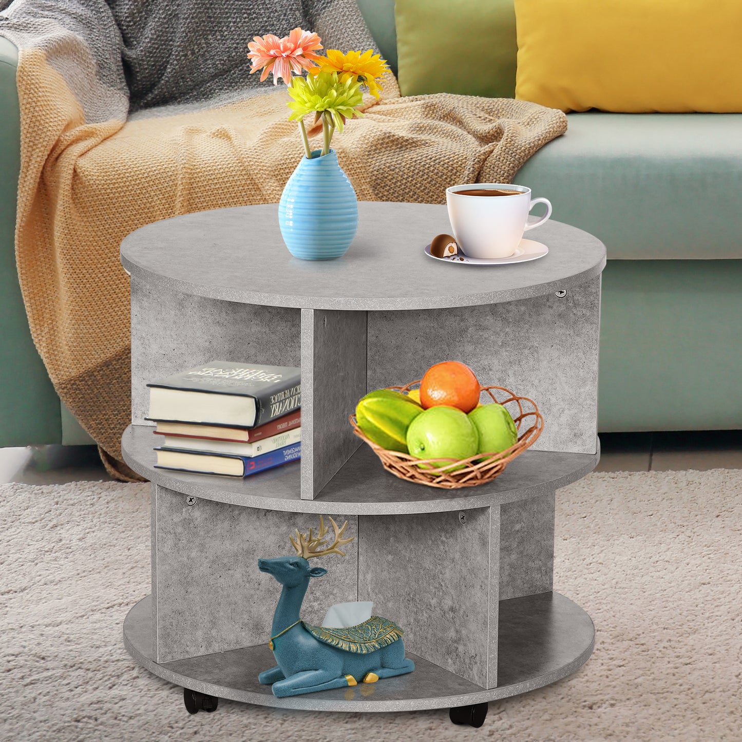 3 Tier Coffee Table Round Rolling Centre Table w/ Wheels Cement
