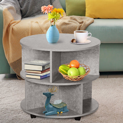3 Tier Coffee Table Round Rolling Centre Table w/ Wheels Cement