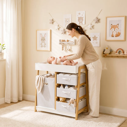 Baby Changing Table with 3 Drawers, Basket, Waterproof Pad