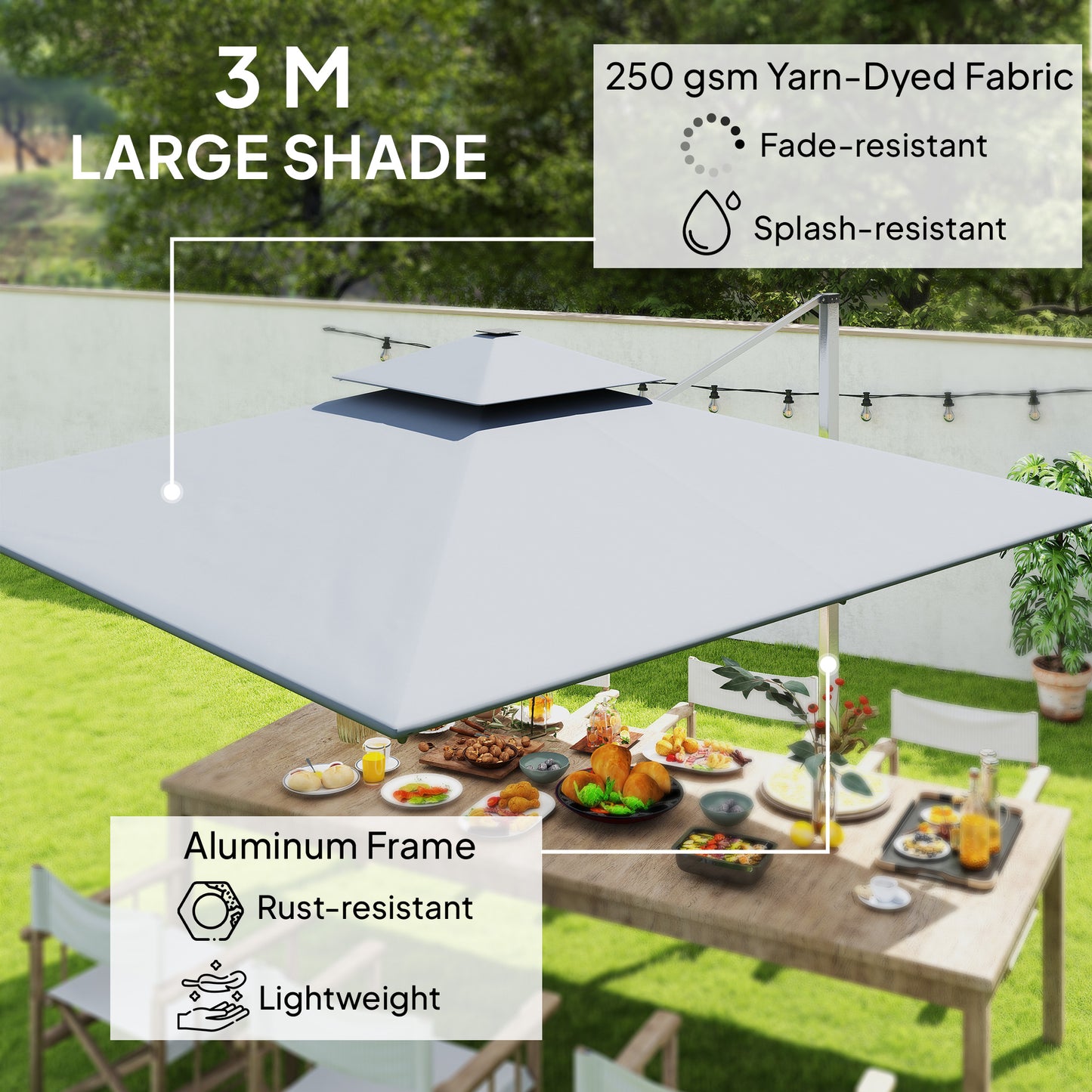 Garden Cantilever Parasol, Patio Umbrella w/ Solar LED Lights, Grey