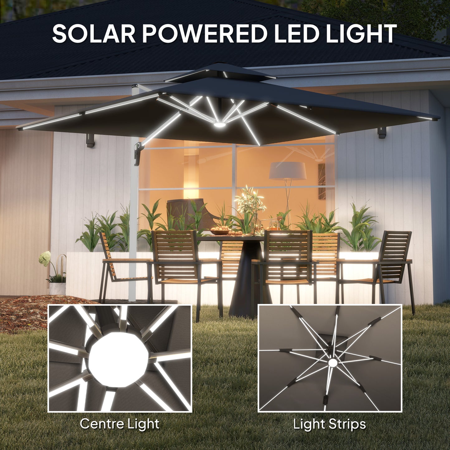 Garden Cantilever Parasol, Patio Umbrella w/ Solar LED Lights, Grey