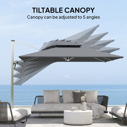 Garden Cantilever Parasol, Patio Umbrella w/ Solar LED Lights, Grey