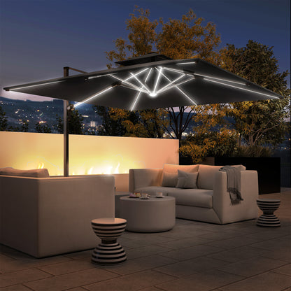 Garden Cantilever Parasol, Patio Umbrella w/ Solar LED Lights, Grey