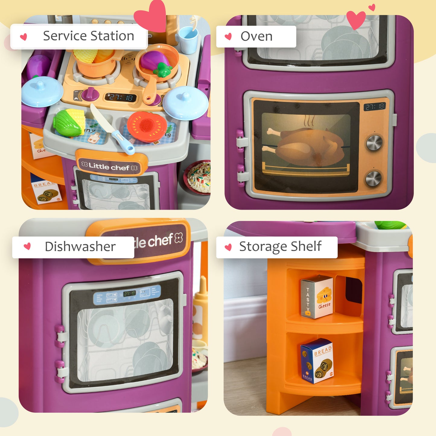 AIYAPLAY Toy Kitchen, 49 Pieces Kids Play Kitchen, Children Trolley, with Sound and Light, Spray Effects, Running Water