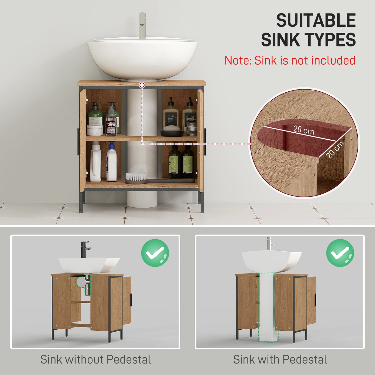 Under Sink Cabinet with Doors for Basin without or with Pedestal Oak