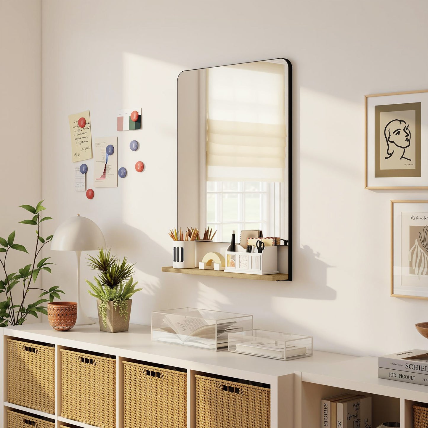 Decorative Mirror with Wood Shelf, Industrial Wall Mirror, Black