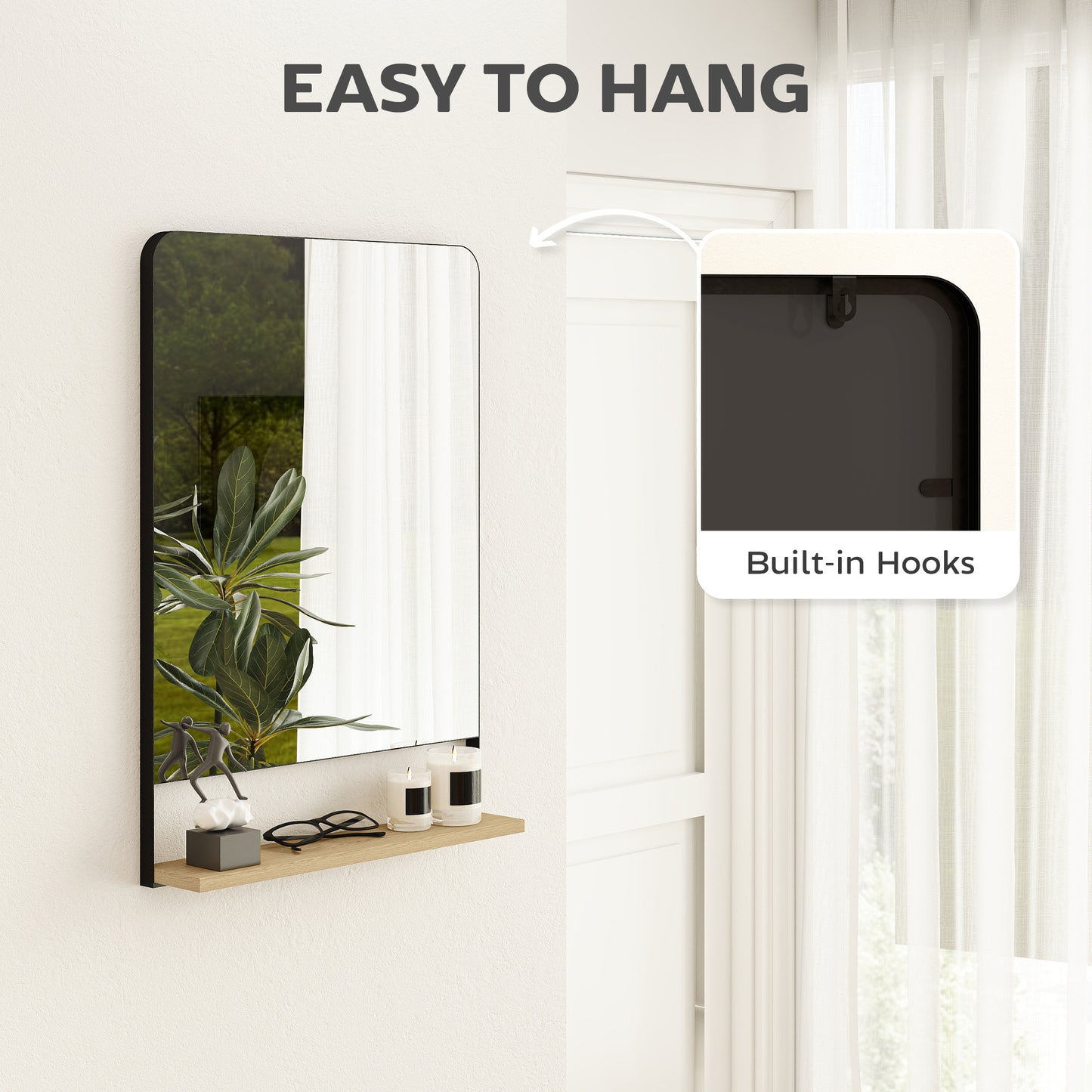 Decorative Mirror with Wood Shelf, Industrial Wall Mirror, Black