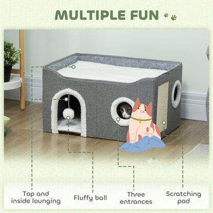Cat House, Cat Bed for Indoor Pets, Foldable Kitten Cave with Fluffy Ball, Scratch Pad, Kitty Hideaway with Soft Cushions for Small, Medium Cats, Grey