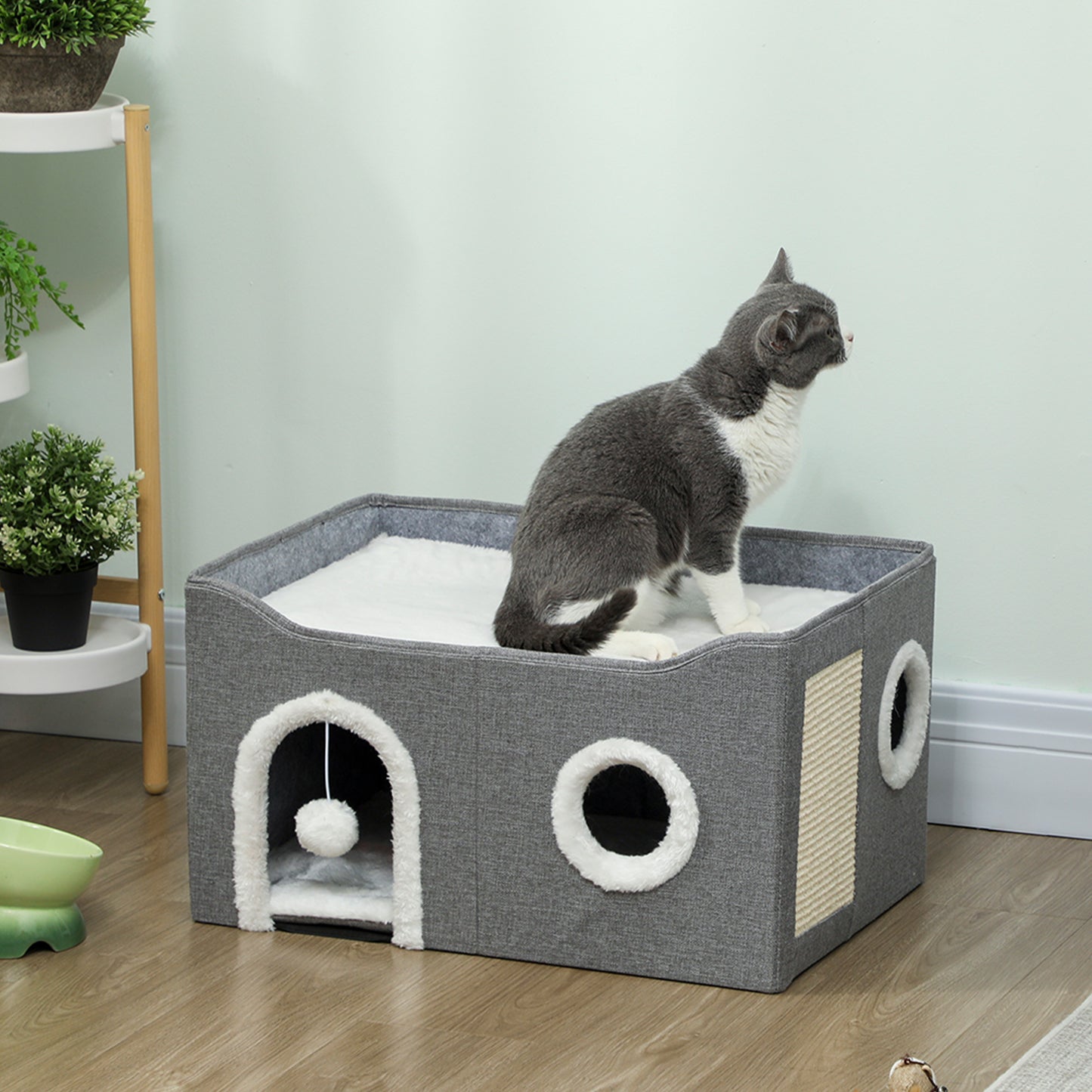 Cat House, Cat Bed for Indoor Pets, Foldable Kitten Cave with Fluffy Ball, Scratch Pad, Kitty Hideaway with Soft Cushions for Small, Medium Cats, Grey